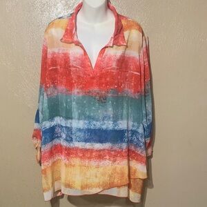 Ali Miles 2X Multicolor Striped Blouse Tie Sleeves